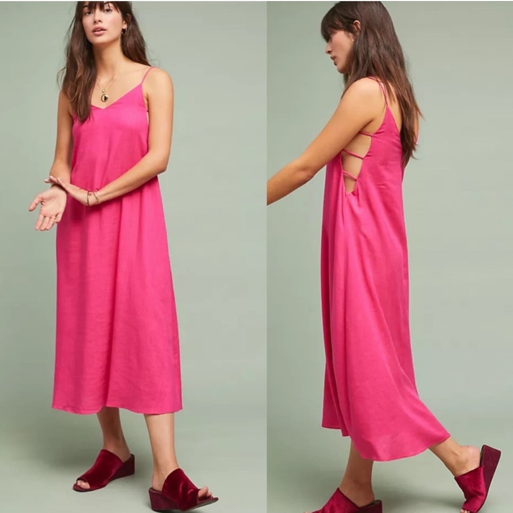 Anthropologie Moon River Trapeze Pink Linen Blend Maxi Dress Size‎ Large